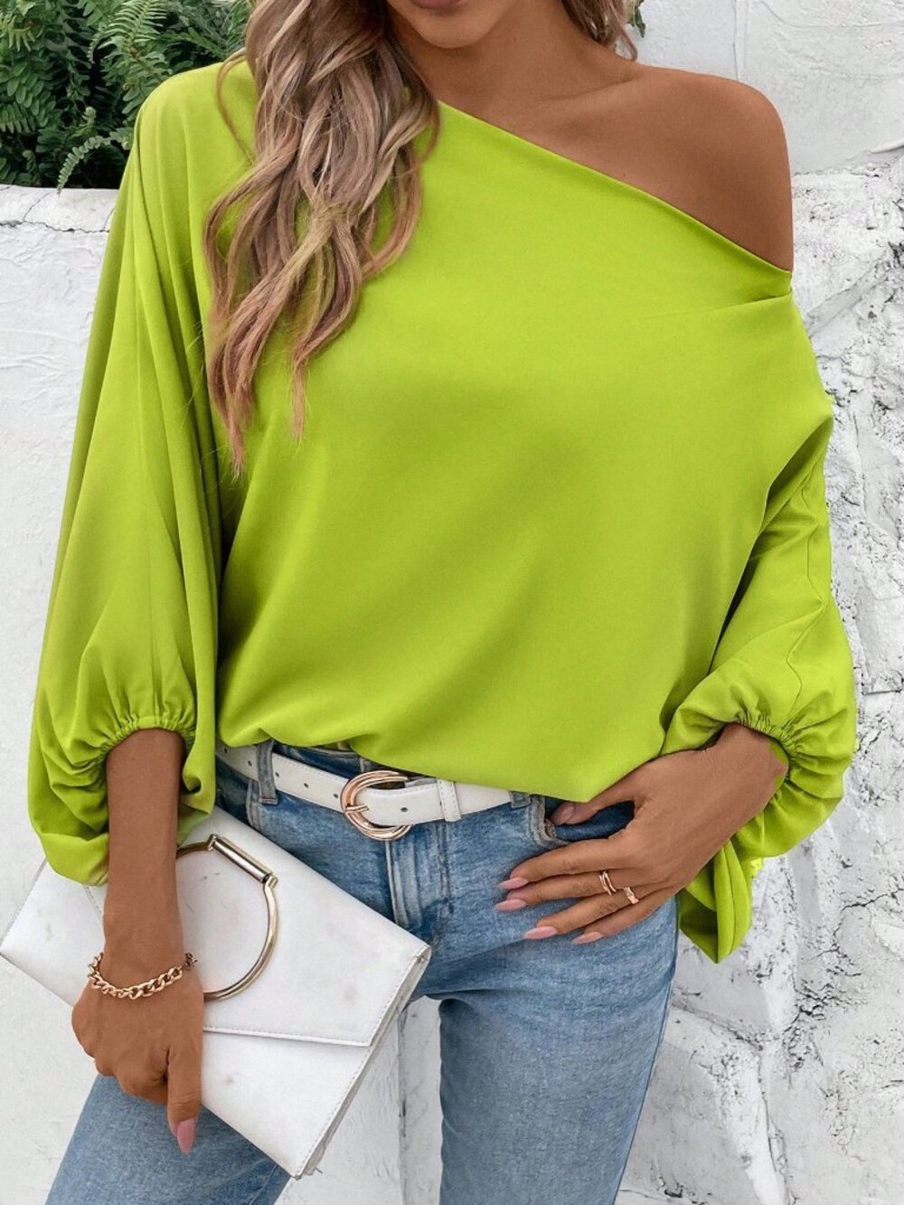 Green Casual Women's One Shoulder Batwing Sleeve Shirt With Floral Pattern - Picture 4 of 8
